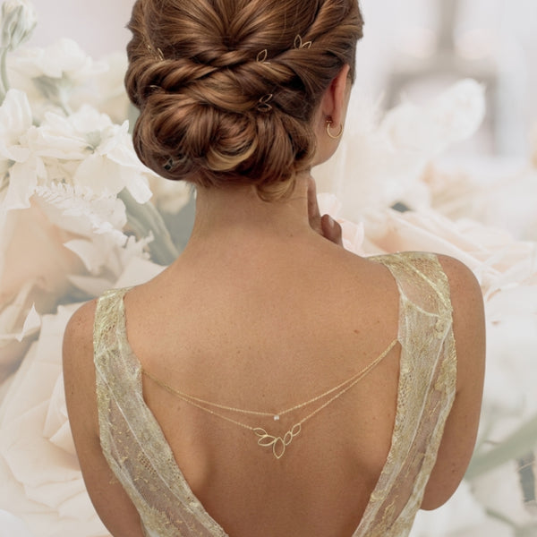 Rückenkette Brautschmuck für Brautkleid mit tiefem Rückenausschnitt, Hochzeitskette in Gold oder Silber mit Sicherheitsverschluss.