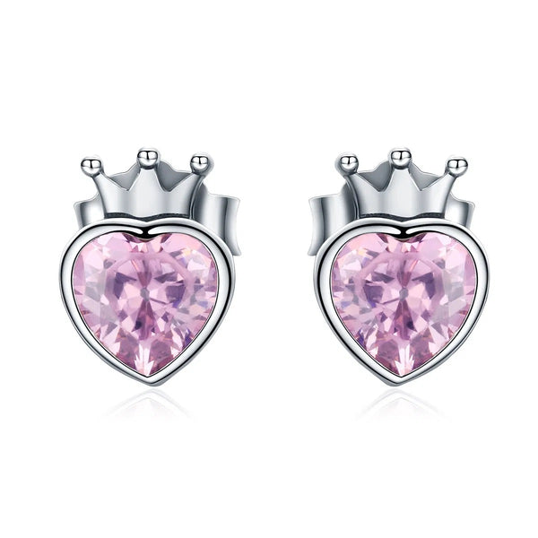 Rosa Kristall Herz Ohrstecker mit Krone aus 925er Silber – verspielter Schmuck, ideal als Kinderschmuck oder romantisches Accessoire.